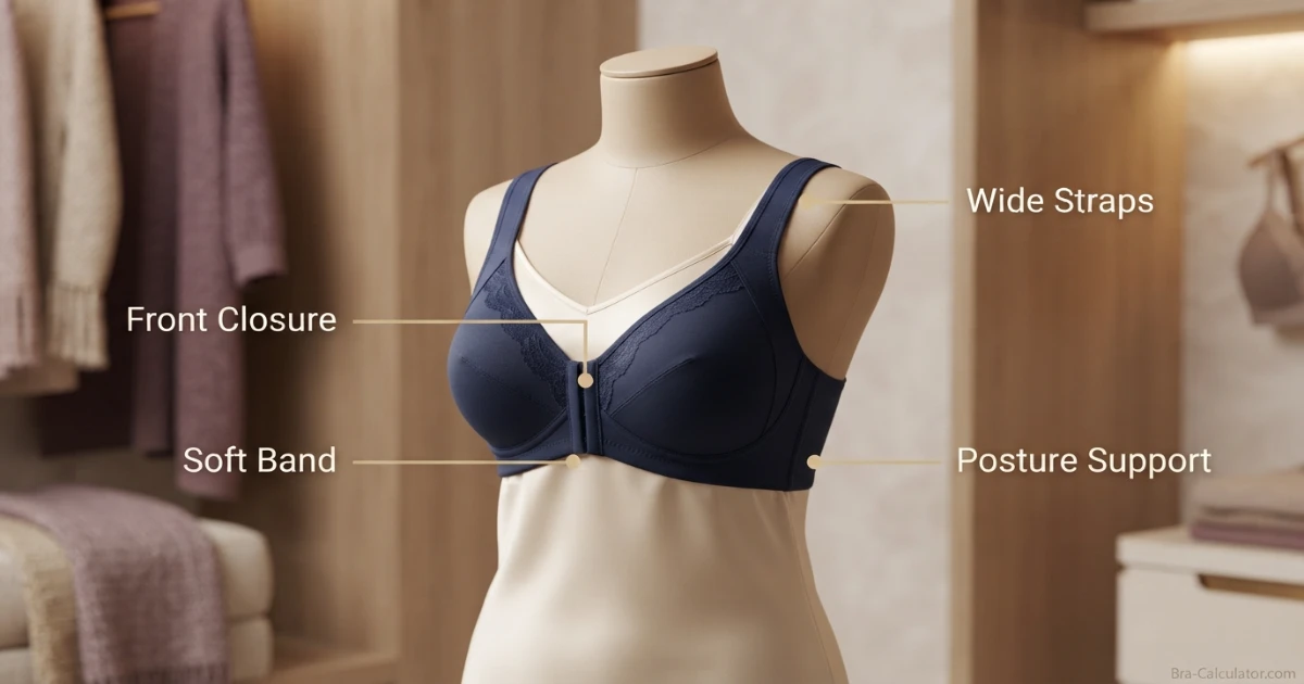 Older women bra fit diagram showing front closure wide straps soft band and posture support