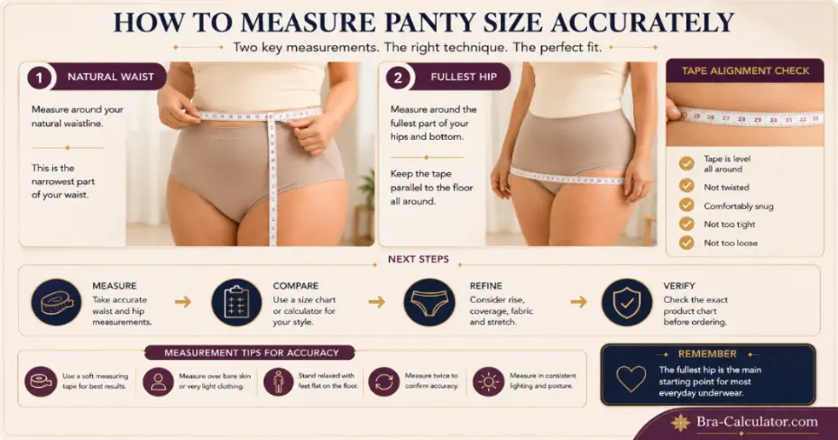 Front side and back check showing a level measuring tape for accurate panty sizing