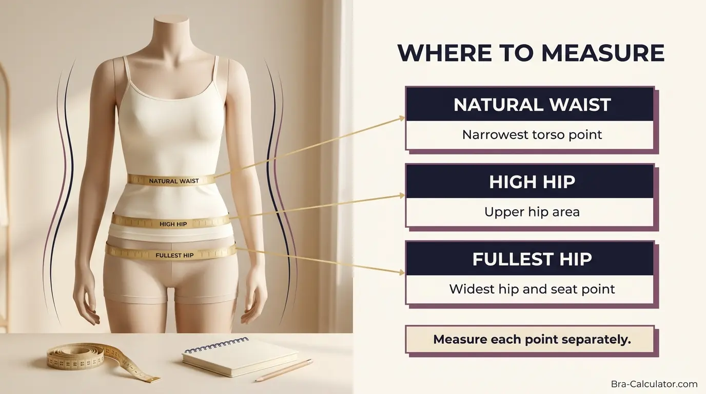 Panty size measurement guide showing natural waist high hip and fullest hip positions