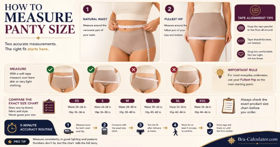 Correct measuring tape placement at natural waist and fullest hip