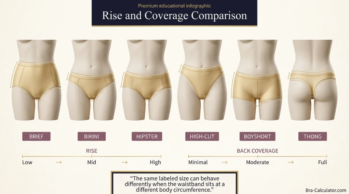 Infographic comparing panty rise height and coverage level across brief, bikini, hipster and thong styles