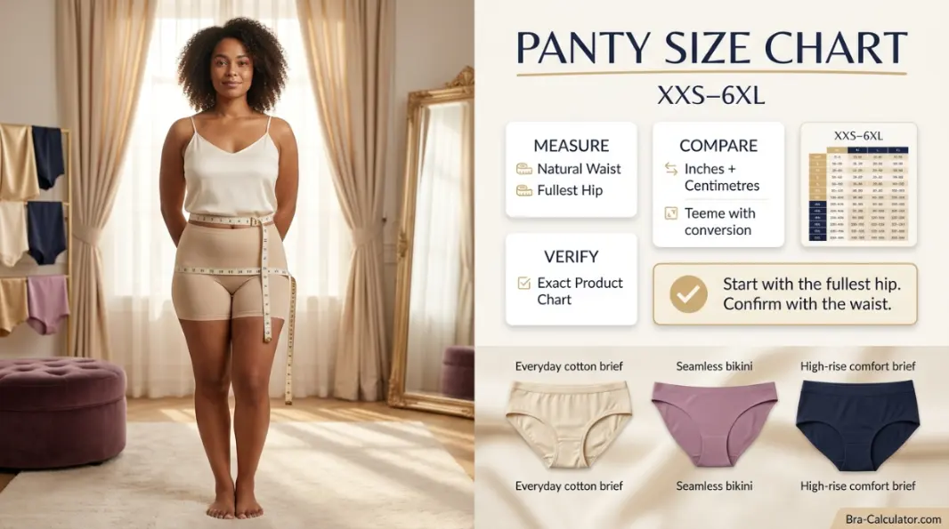 Panty size chart showing natural waist and fullest hip ranges from XXS to 6XL