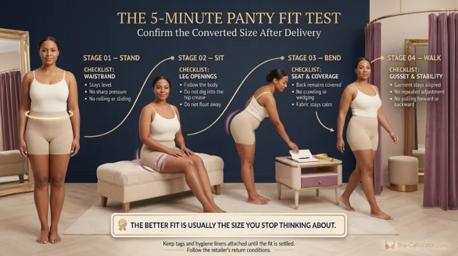 At-home fit test checklist for waistband, leg openings, seat and gusset