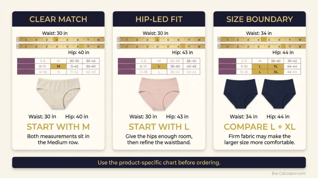 Panty size chart worked examples for matching and conflicting waist and hip measurements