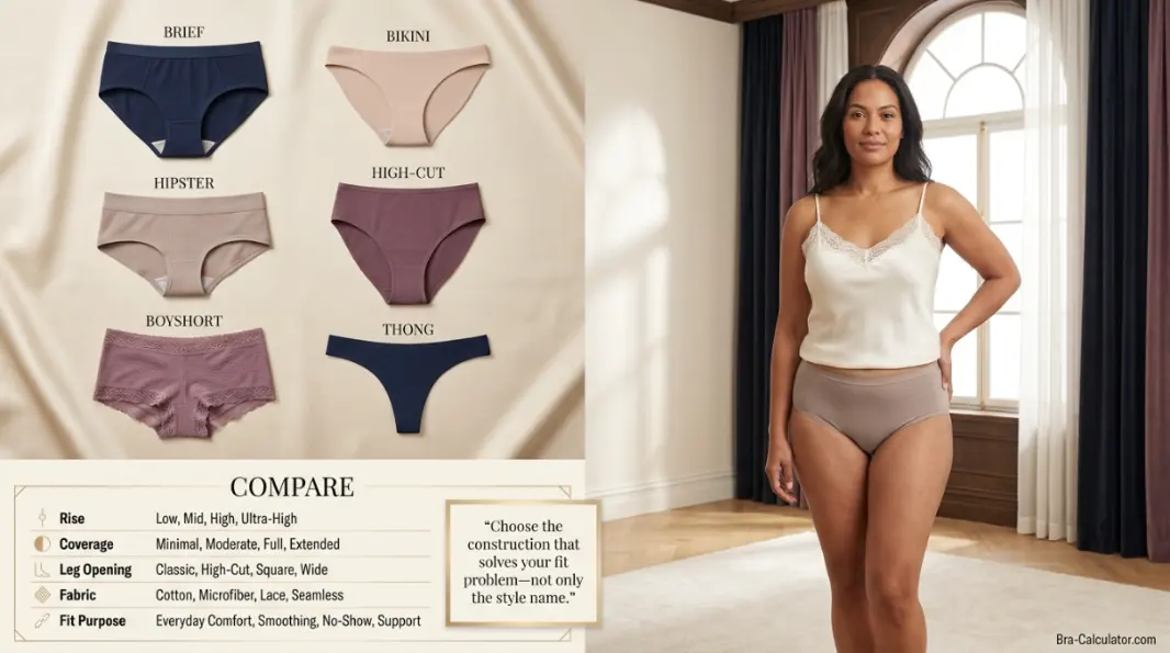 Panty styles guide comparing brief bikini hipster boyshort and thong cuts