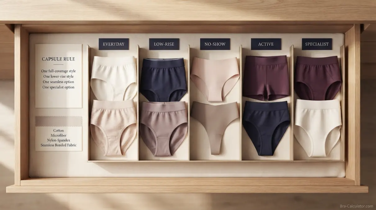 Neatly folded underwear and clothing drawer showing an organized capacity wardrobe of everyday panty styles
