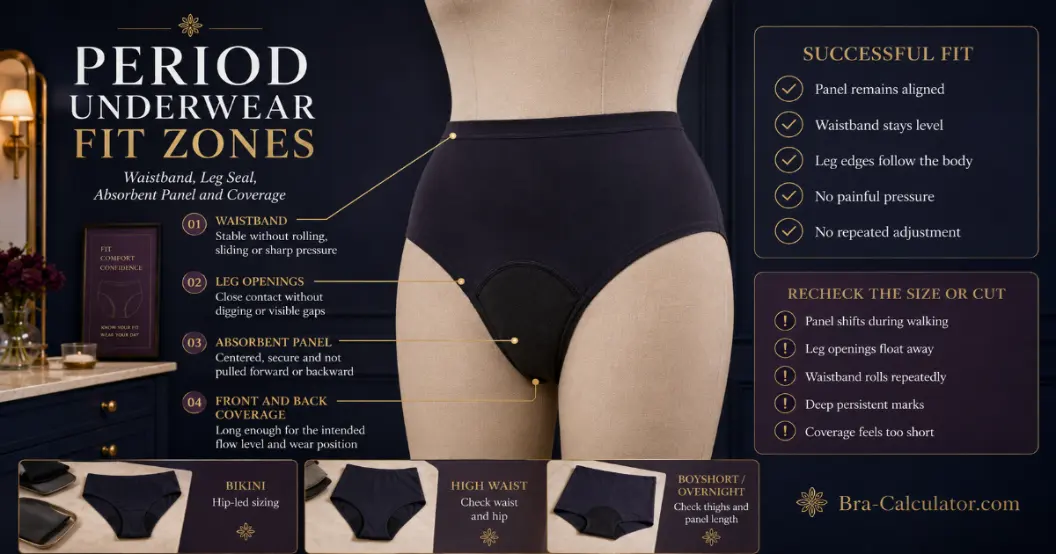 Period underwear fit zones including waistband, leg opening, gusset and absorbent panel