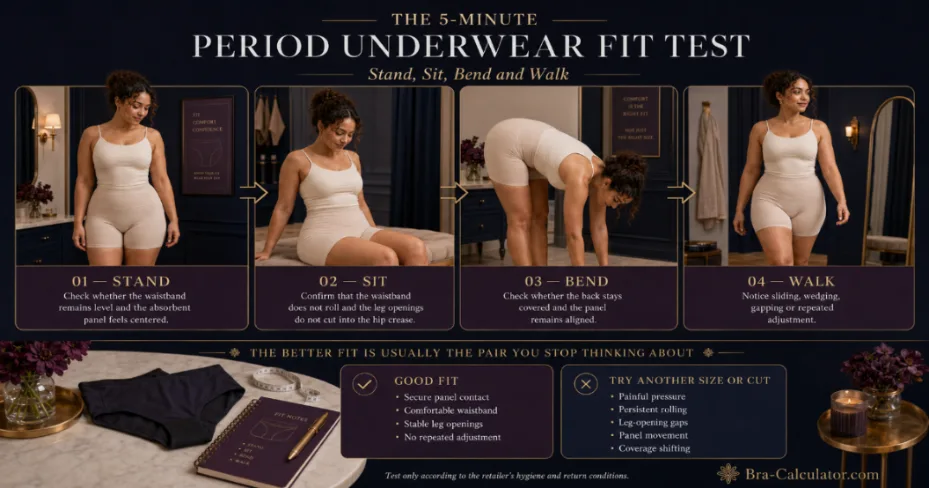 Five-minute period underwear fit test with standing sitting bending and walking checks