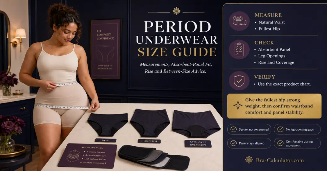 Period underwear size guide showing waist, full hip and absorbent panel fit