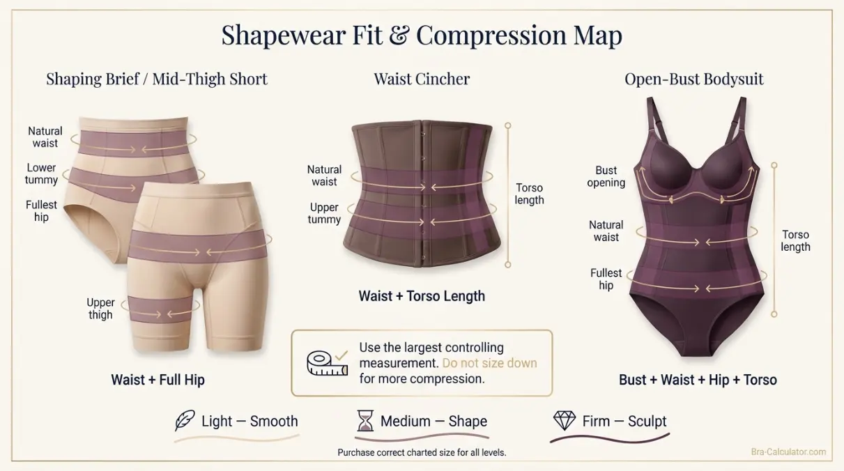 Shapewear compression and fit map for waist hips and garment types