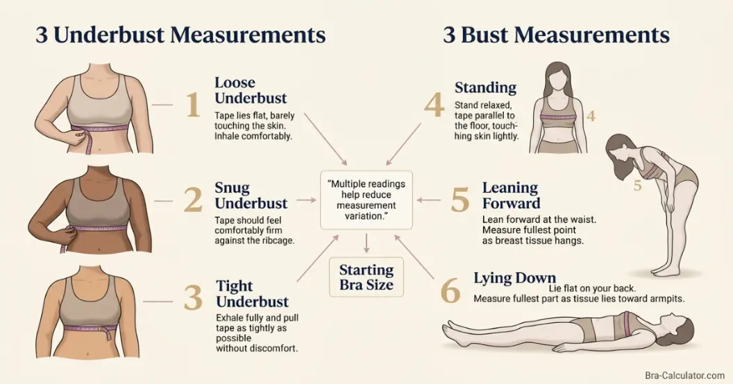 Six-measurement bra sizing method with loose snug tight and three bust positions