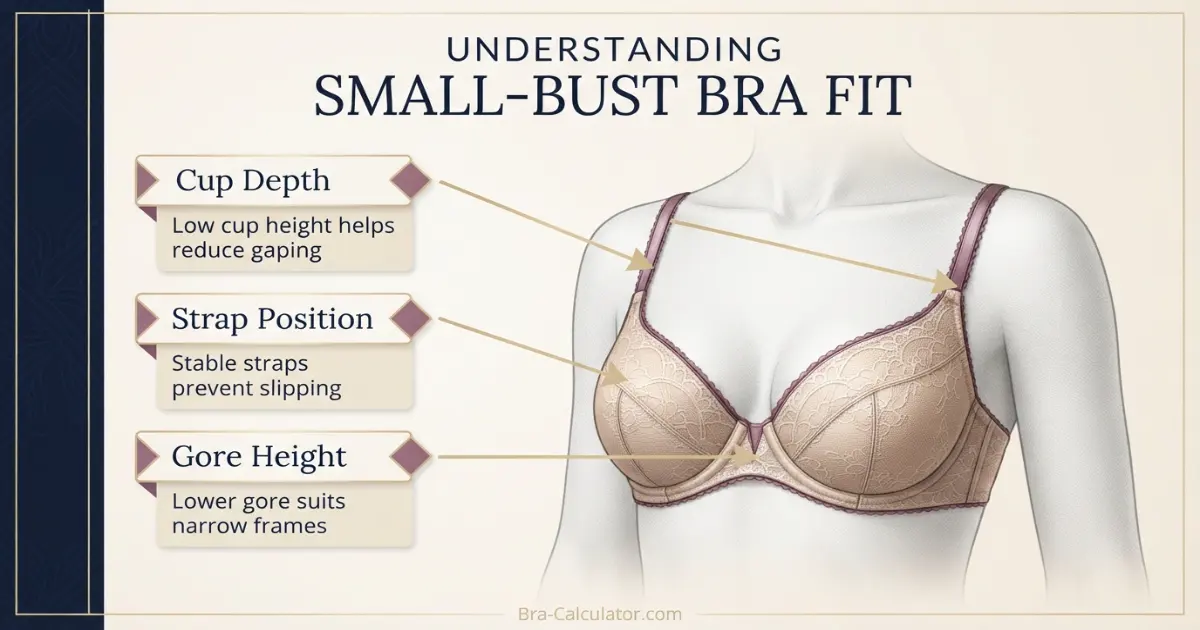 Small bust bra fit diagram showing cup depth strap position and gore height