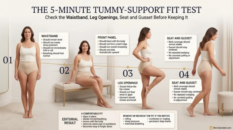 At-home fit test checklist for waistband, leg openings, seat and gusset placement