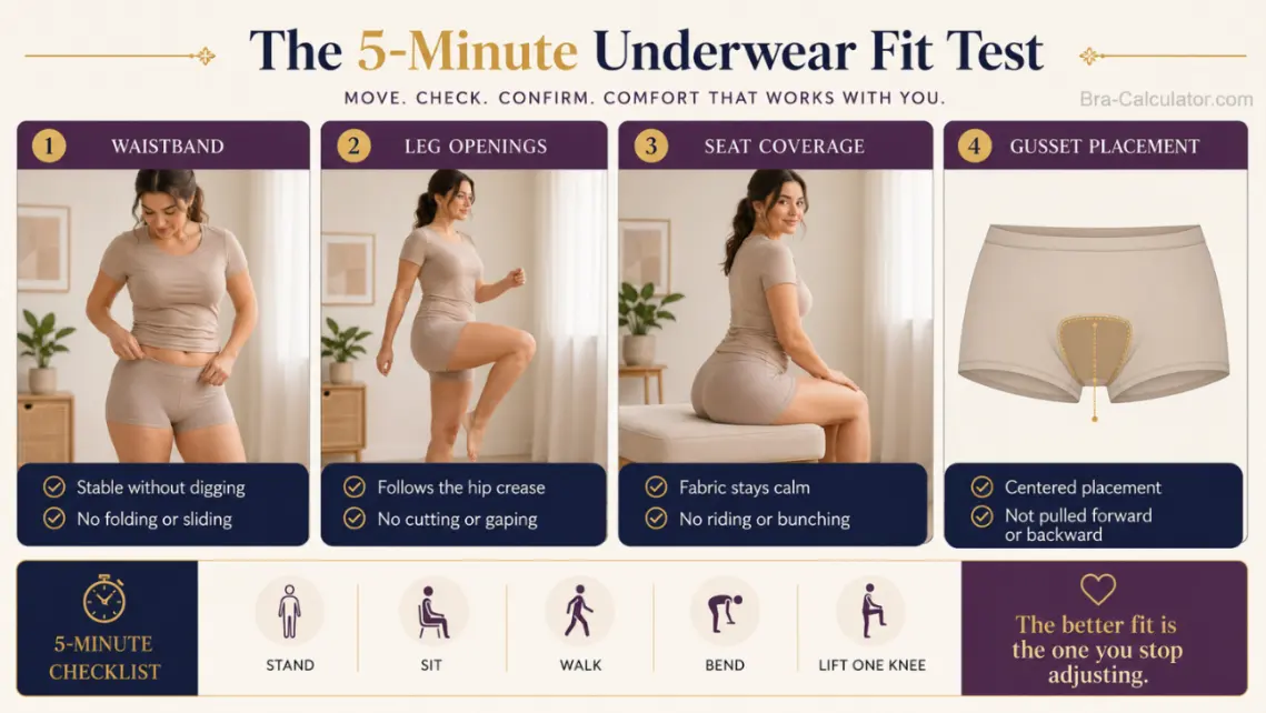 Underwear fit test for waistband leg openings seat coverage and gusset placement