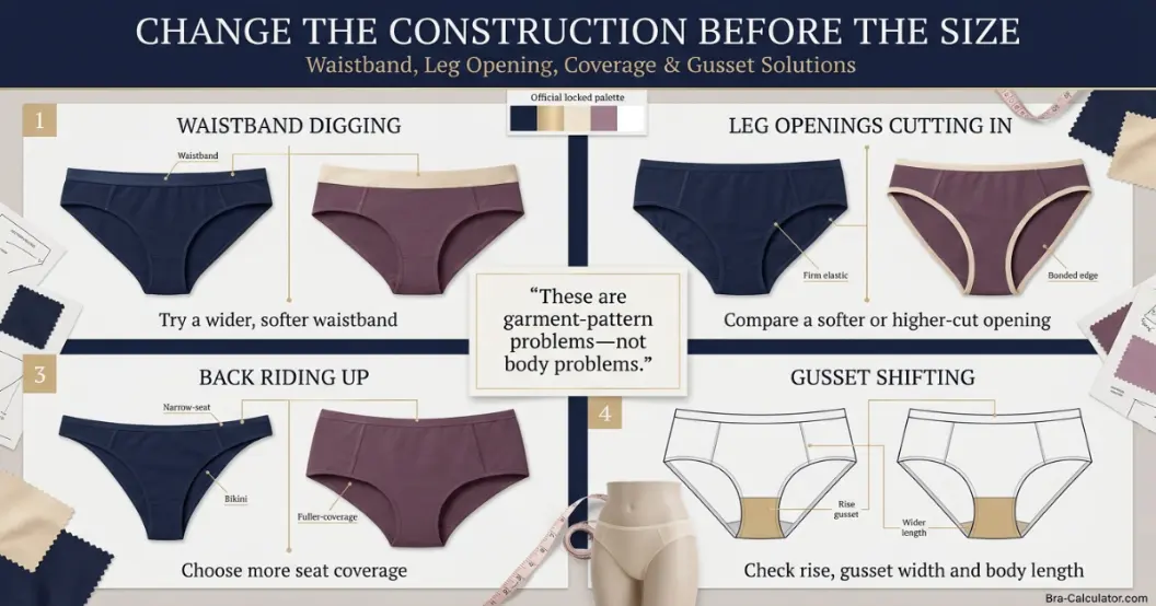 Underwear construction fixes showing wide waistband, high-cut leg, seamless edge and fuller back coverage before sizing up