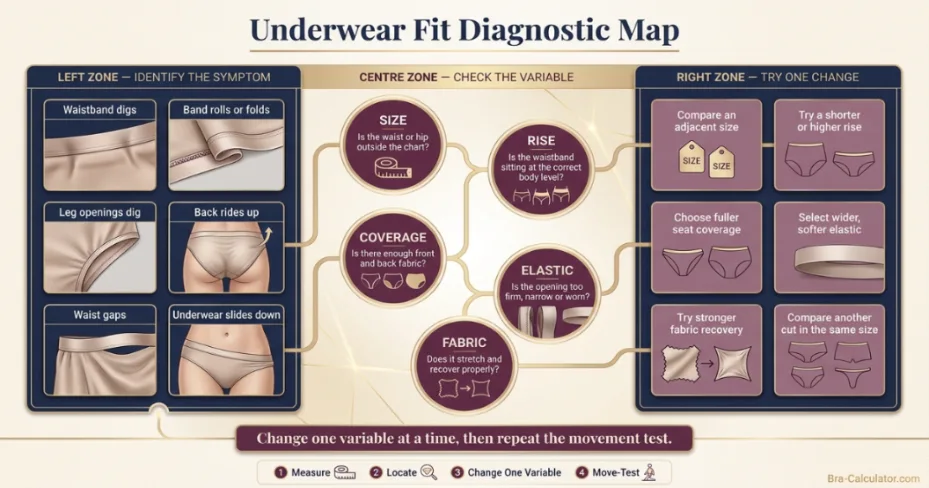 Diagnostic map connecting underwear fit symptoms to size and construction changes