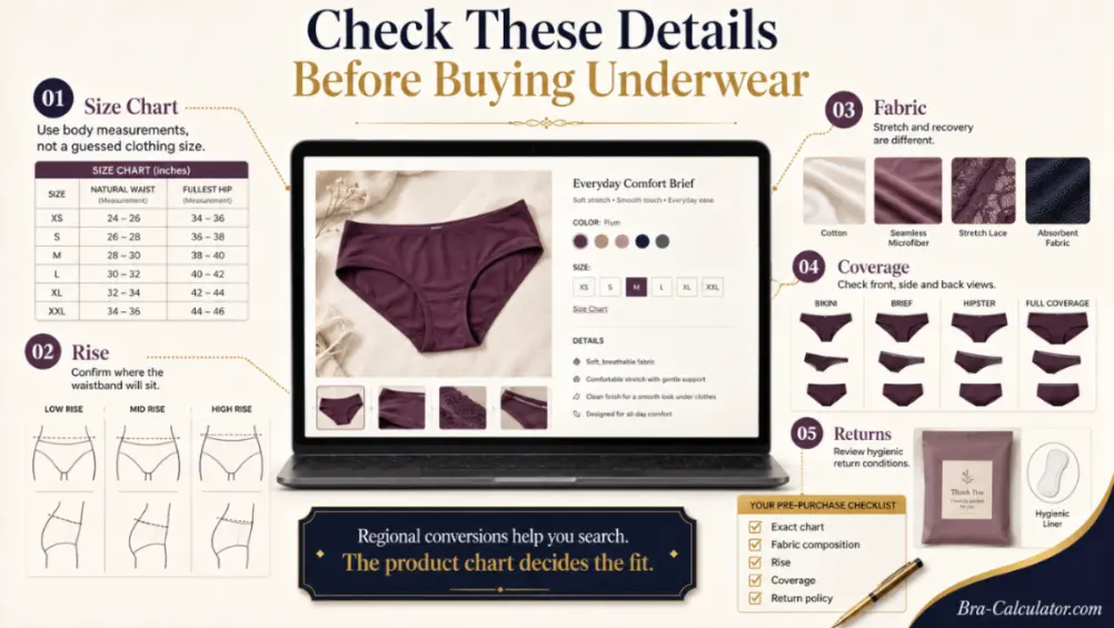 Underwear product page checklist for size chart rise fabric coverage and returns