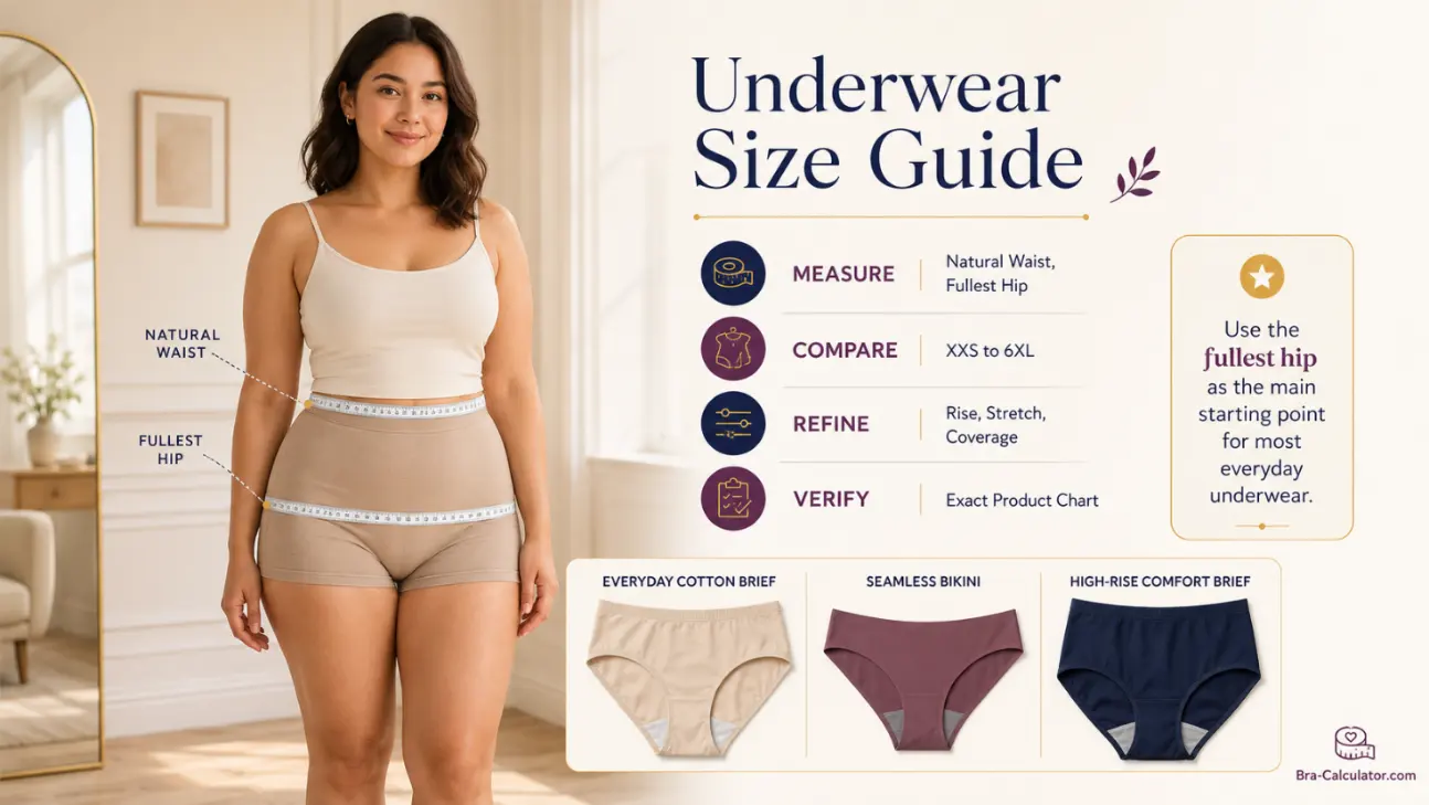 Underwear size guide showing waist and hip measurement planning
