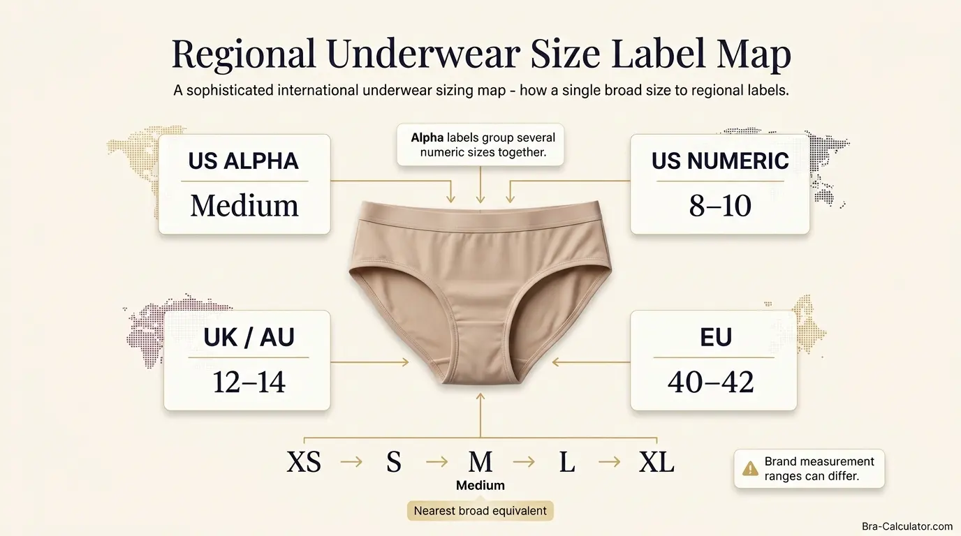 Underwear size label map comparing US alpha US numeric UK Australian and EU sizes
