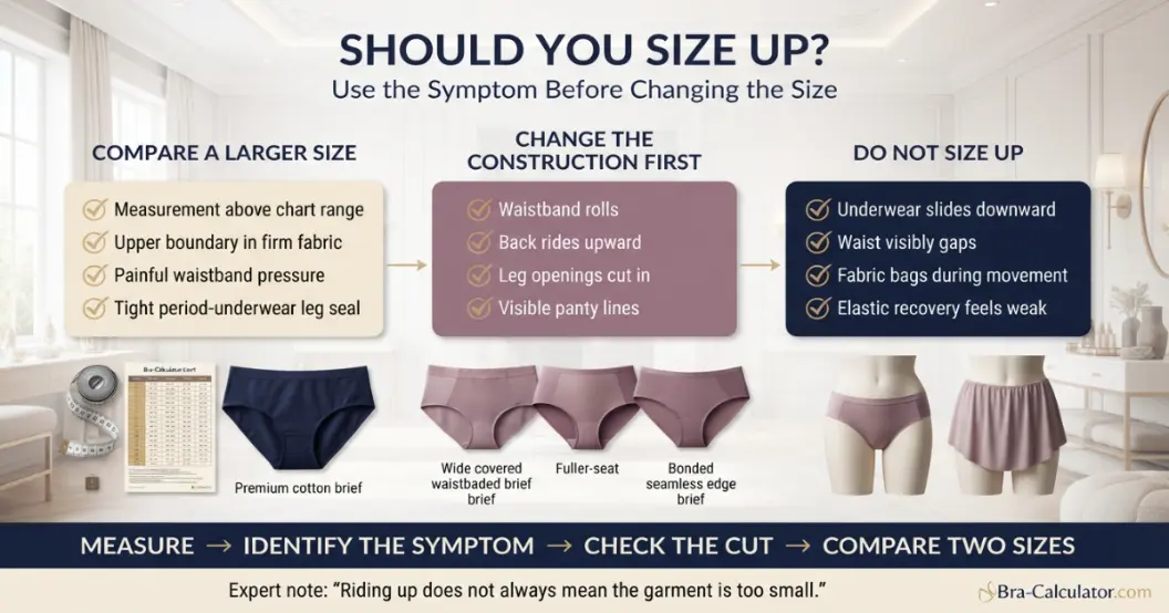 Underwear size-up decision matrix comparing pressure, riding, sliding, fabric stretch and construction fixes