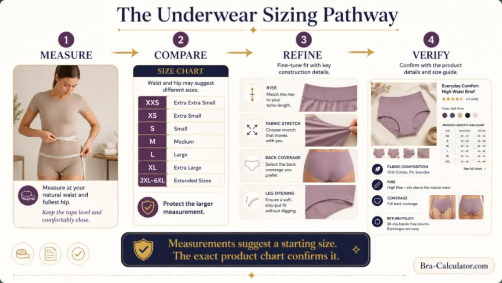 Underwear sizing pathway from measurement to product chart verification