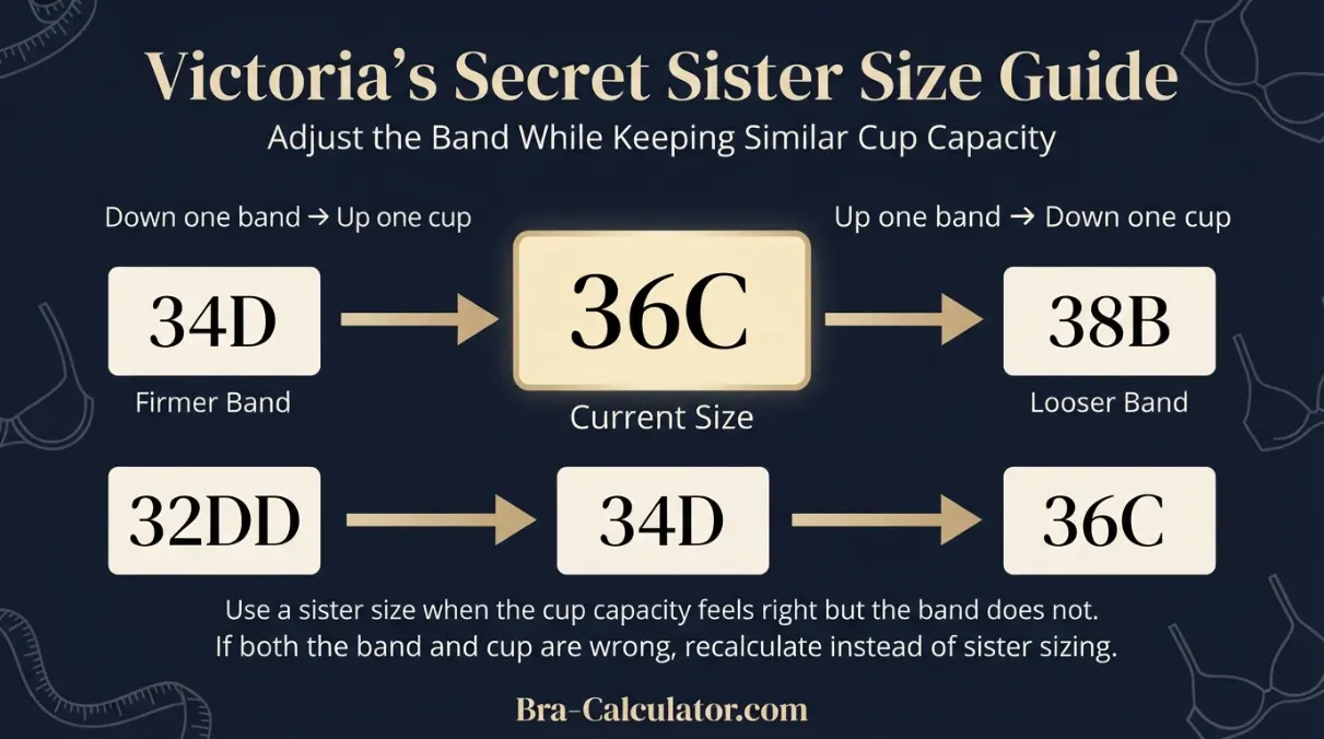 Victoria's Secret sister size guide showing tighter and looser band adjustments