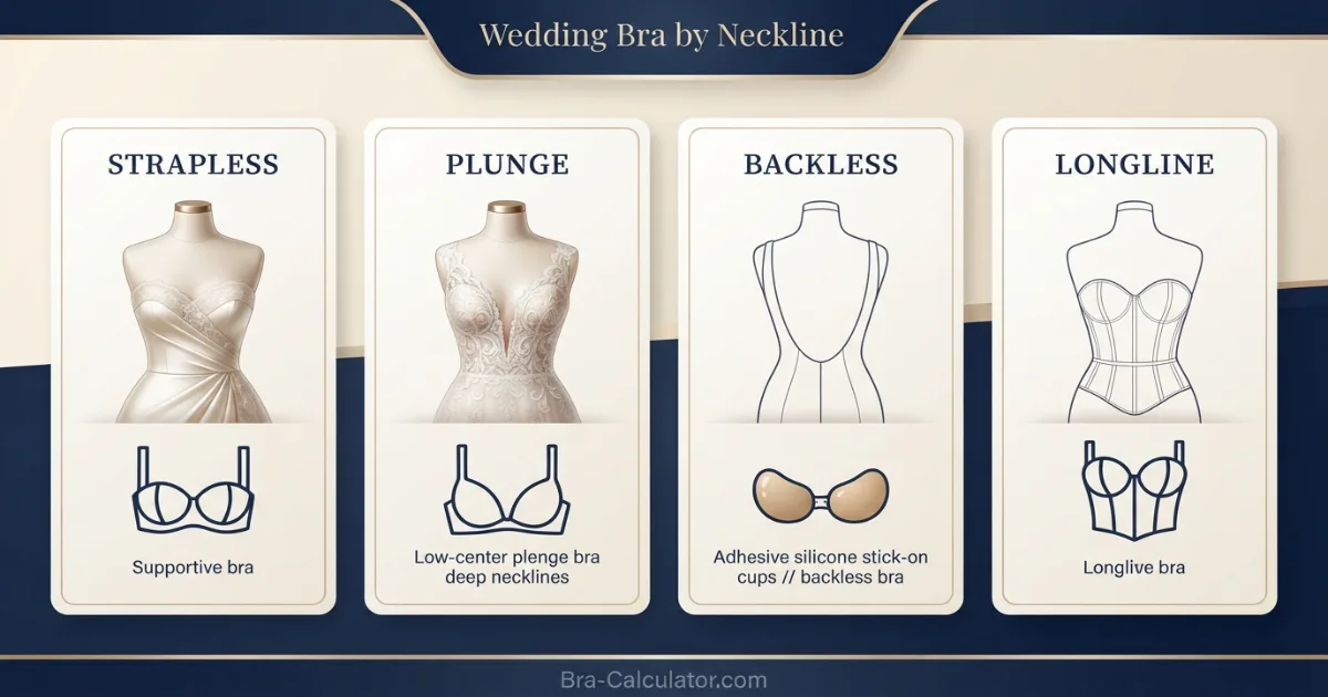 Wedding bra neckline fit diagram for strapless plunge backless and longline gowns