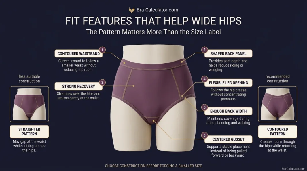 Underwear fit features for wide hips including a contoured waist, flexible leg openings and shaped seat panel
