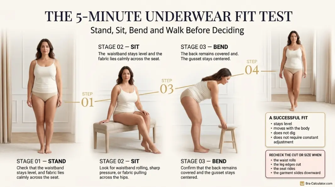 Five-minute underwear movement fit test for wide hips showing standing sitting bending and walking checks