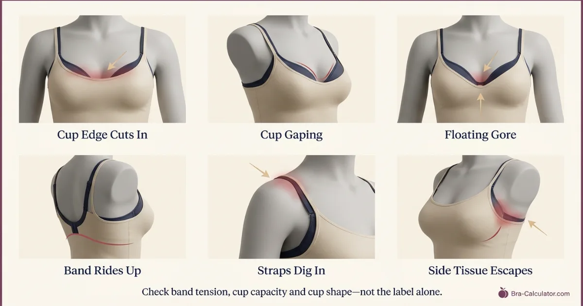 38AA vs 40AA fit problem diagram showing gaping spillage floating gore band riding up and side tissue issues