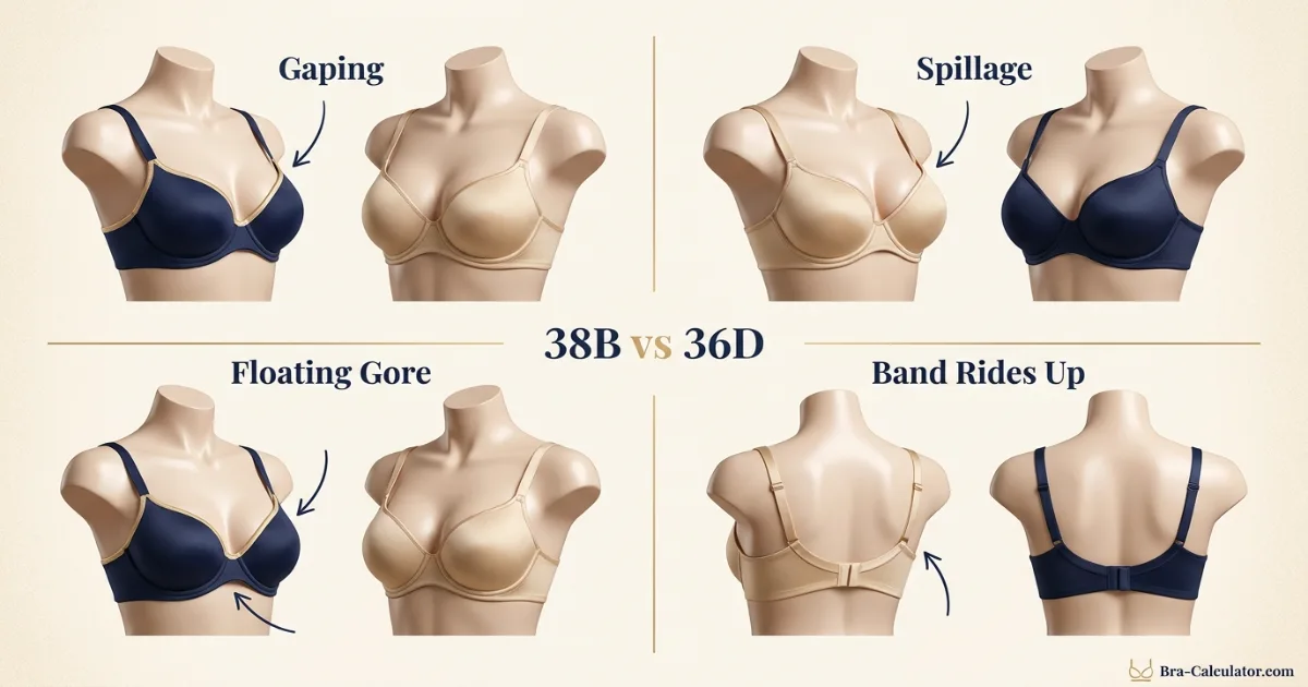 38B vs 36D fit problem diagram showing gaping spillage floating gore band riding up and side tissue issues
