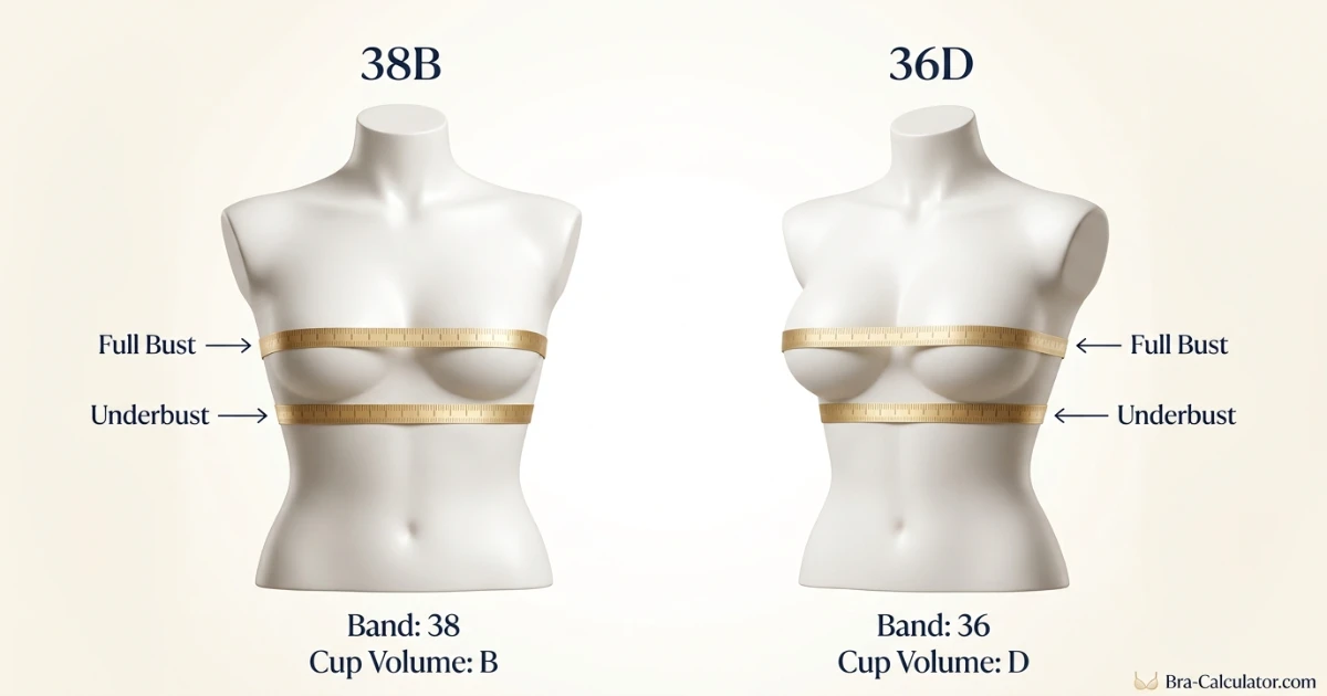 38B vs 36D measurement logic diagram showing band starting point and cup-volume comparison