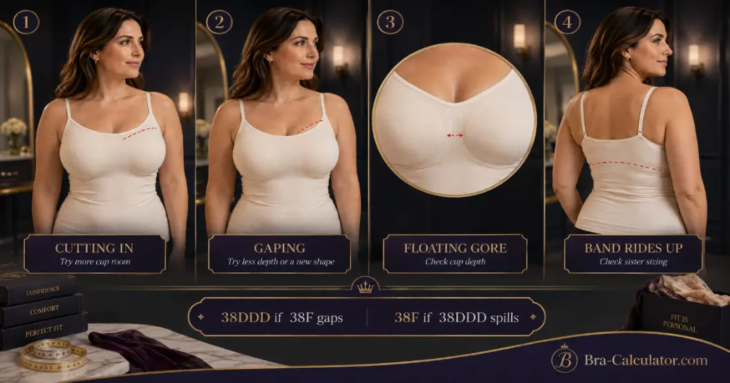 38C vs 38DD fit problem diagram showing gaping spillage floating gore band riding up and side tissue issues