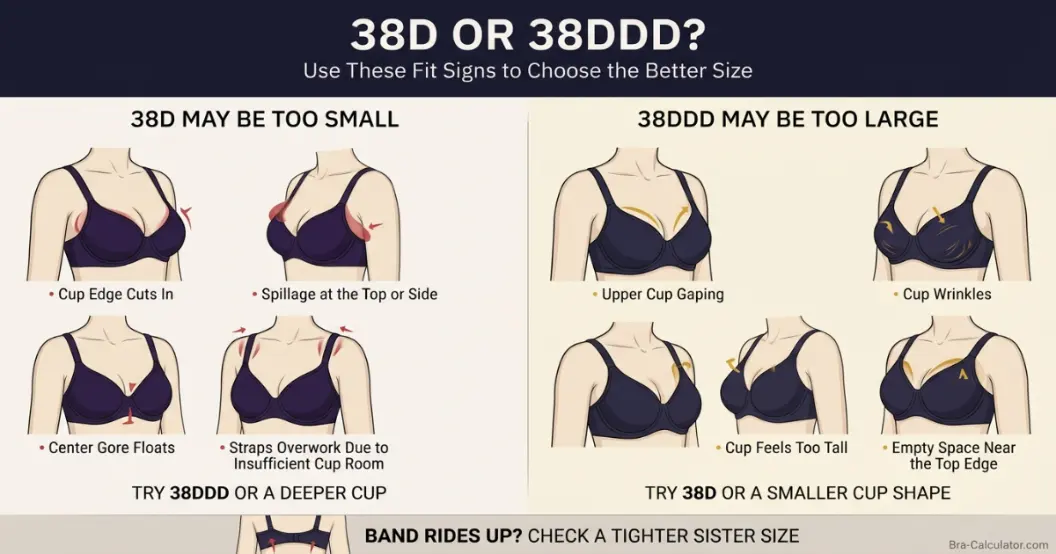 38D vs 38DDD fit problem diagram showing gaping spillage floating gore band riding up and side tissue issues