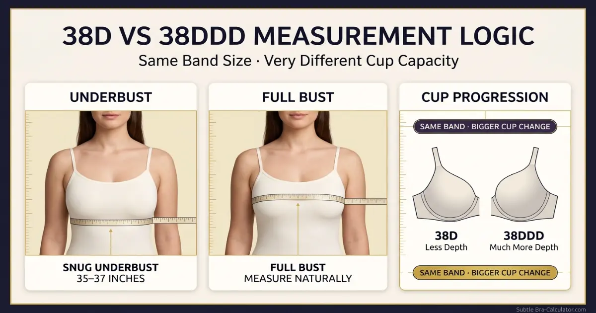 38D vs 38DDD measurement logic diagram showing band starting point and cup-volume comparison