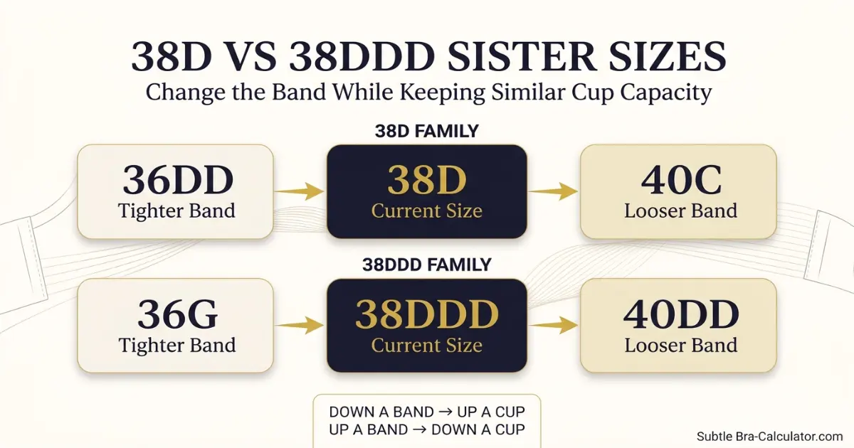 38D vs 38DDD sister size guide showing tighter-band and looser-band alternatives