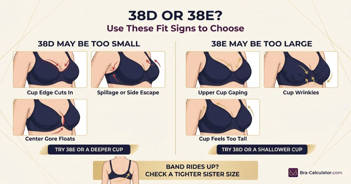 38D vs 38E fit problem diagram showing gaping spillage floating gore band riding up and side tissue issues