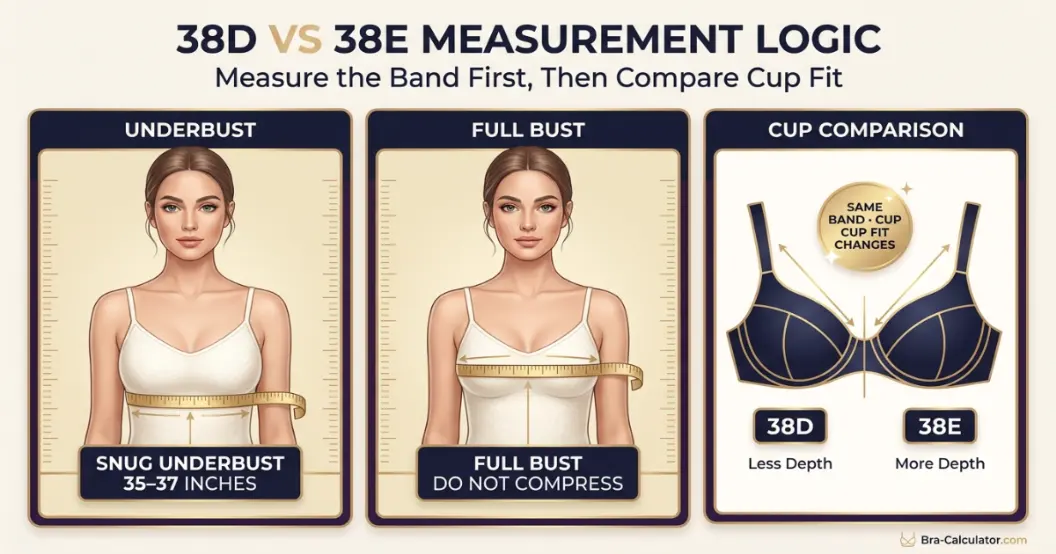 38D vs 38E measurement logic diagram showing band starting point and cup-volume comparison