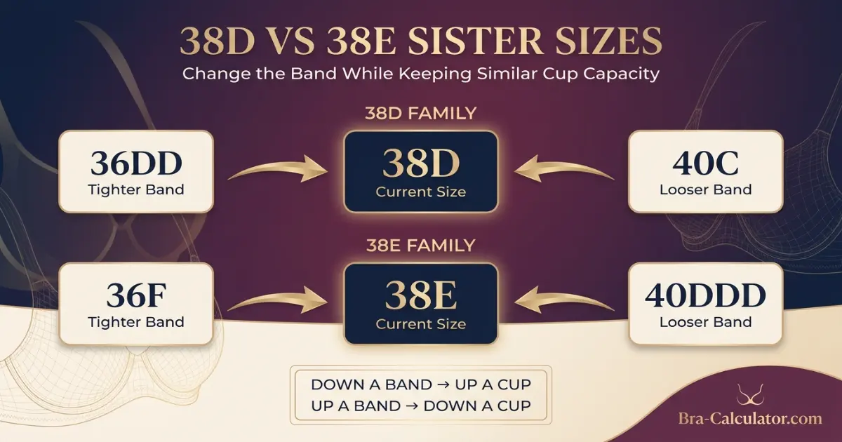 38D vs 38E sister size guide showing tighter-band and looser-band alternatives