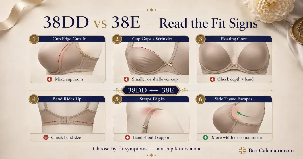 38DD vs 38E fit problem diagram showing gaping spillage floating gore band riding up and side tissue issues