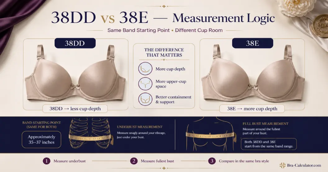 38DD vs 38E measurement logic diagram showing band starting point and cup-volume comparison