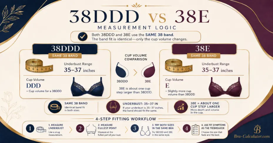 38DDD vs 38E measurement logic diagram showing band starting point and cup-volume comparison