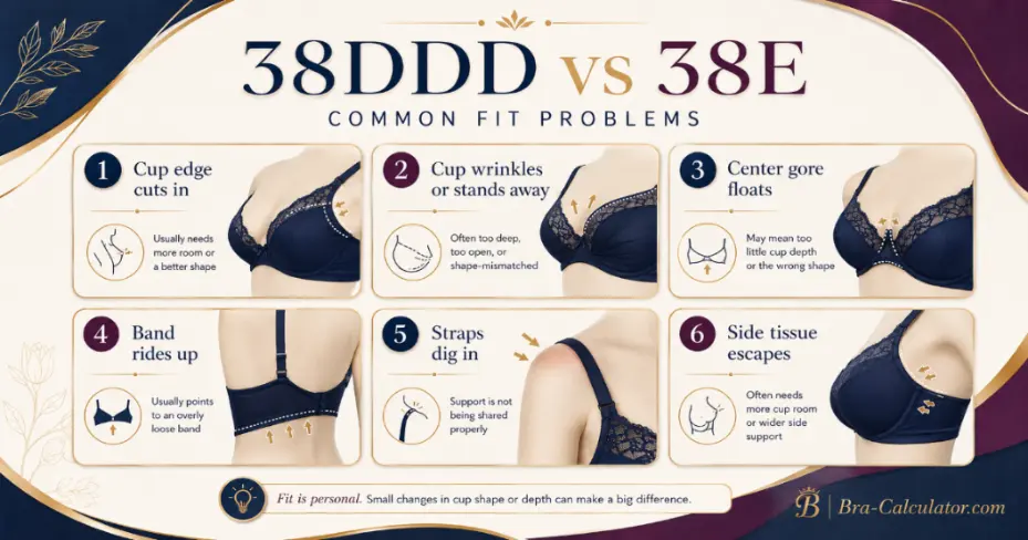 38DDD vs 38E fit problem diagram showing gaping spillage floating gore band riding up and side tissue issues