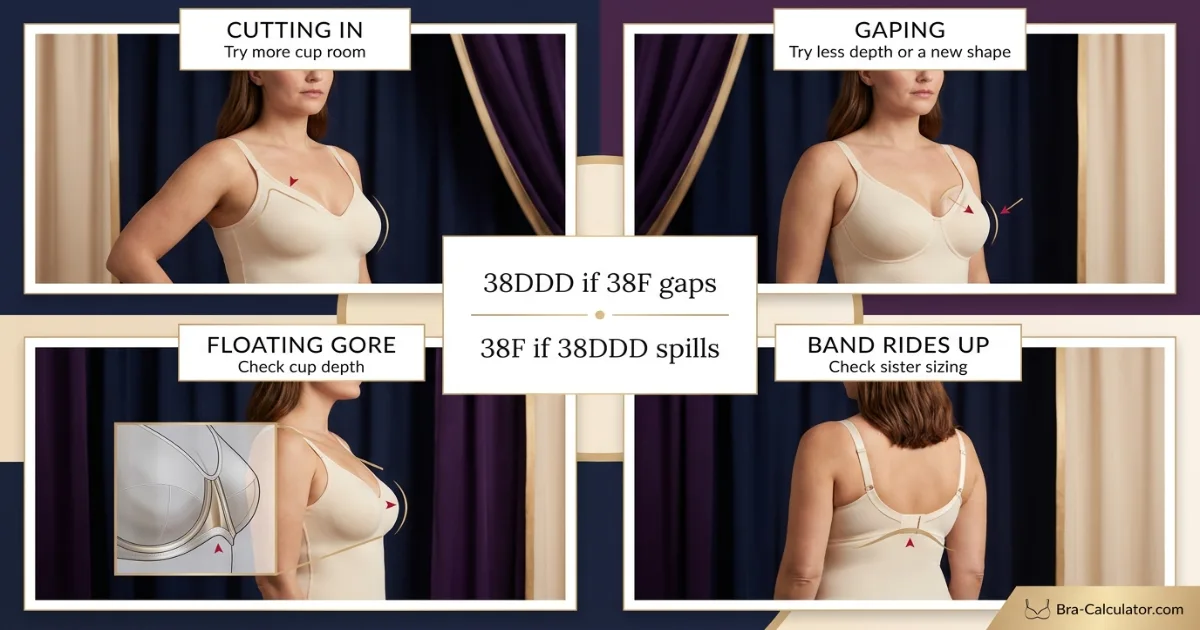 38DDD vs 38F fit problem diagram showing gaping spillage floating gore band riding up and side tissue issues