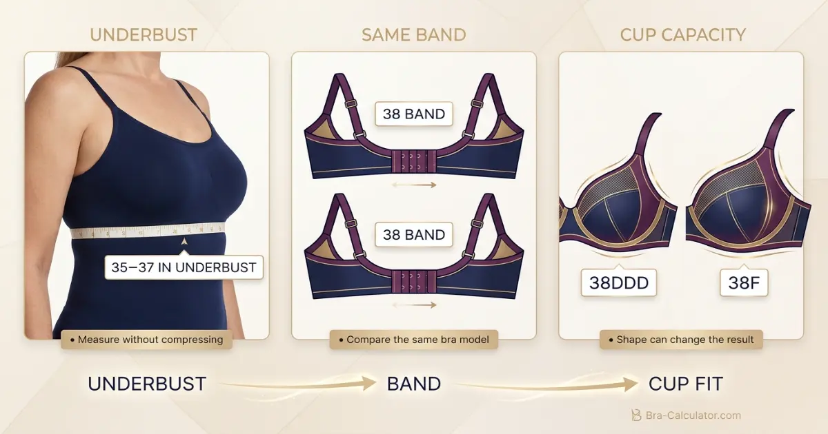 38DDD vs 38F measurement logic diagram showing band starting point and cup-volume comparison