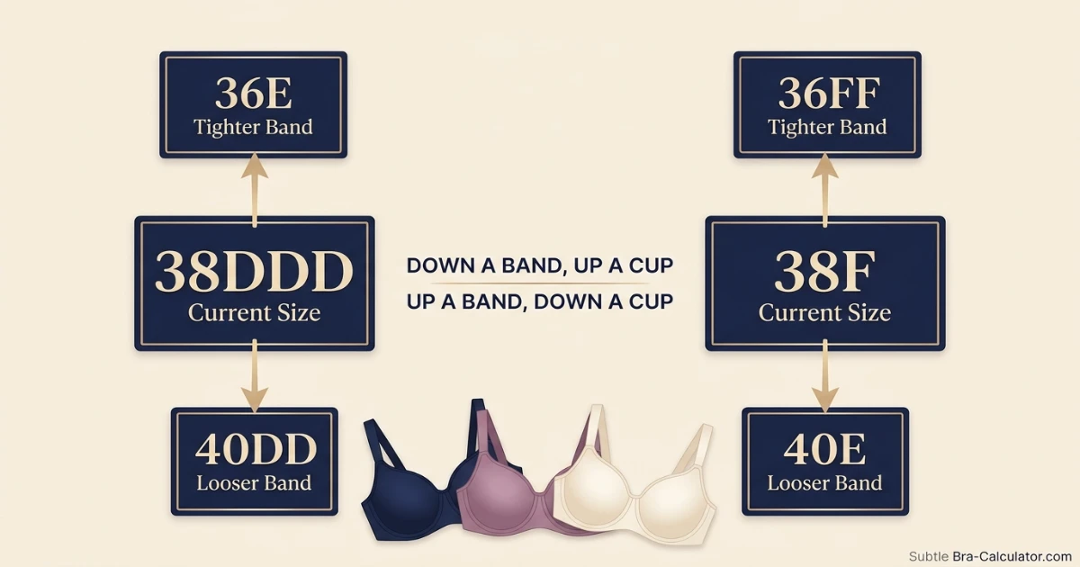 38DDD vs 38F sister size guide showing tighter-band and looser-band alternatives