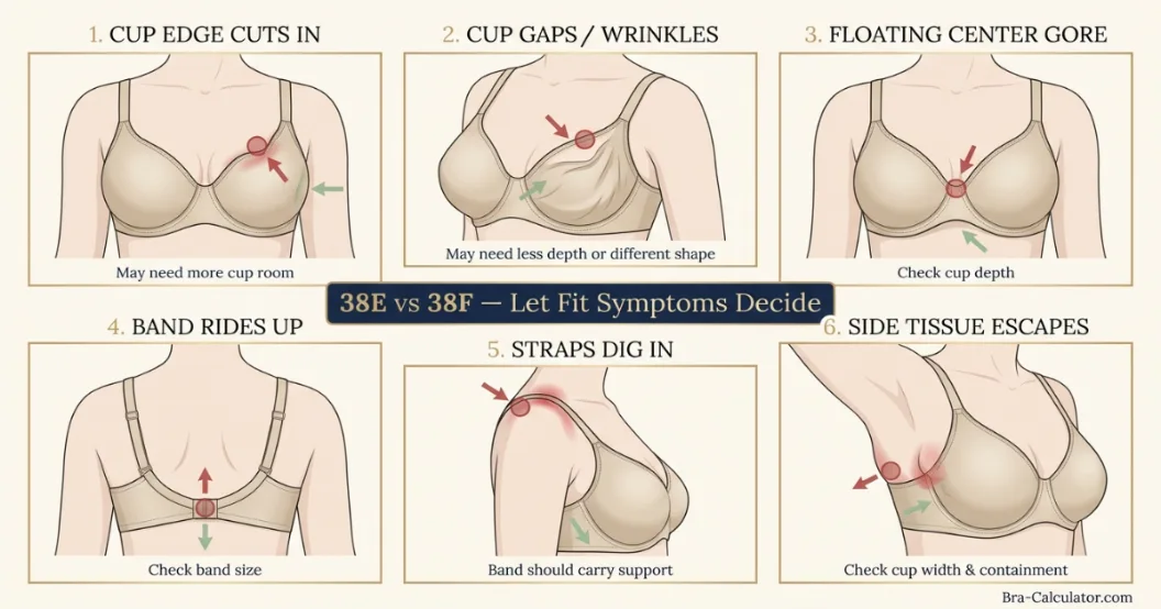 38E vs 38F fit problem diagram showing gaping spillage floating gore band riding up and side tissue issues