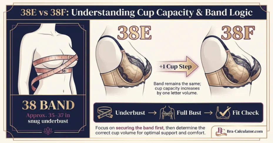 38E vs 38F measurement logic diagram showing band starting point and cup-volume comparison