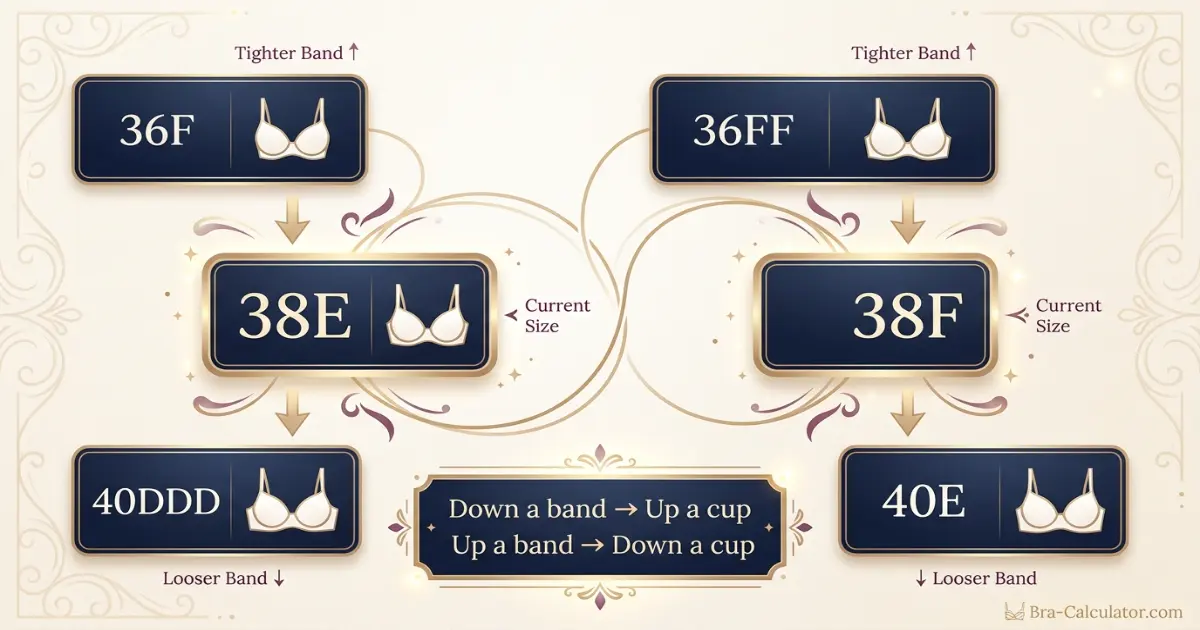 38E vs 38F sister size guide showing tighter-band and looser-band alternatives