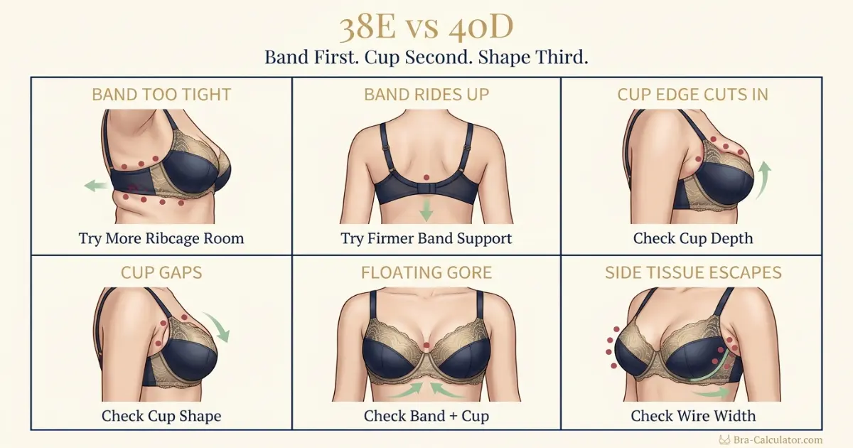 38E vs 40D fit problem diagram showing gaping spillage floating gore band riding up and side tissue issues